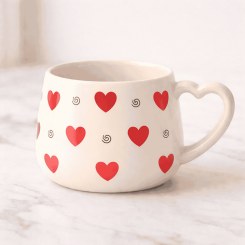“Sweet Sips: Cream & Orange-Red Heart Mug Duo” cover image.