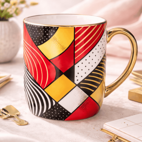Luxury Grid & Stripe Mug Pair – Black, Red & Gold Edition cover image.