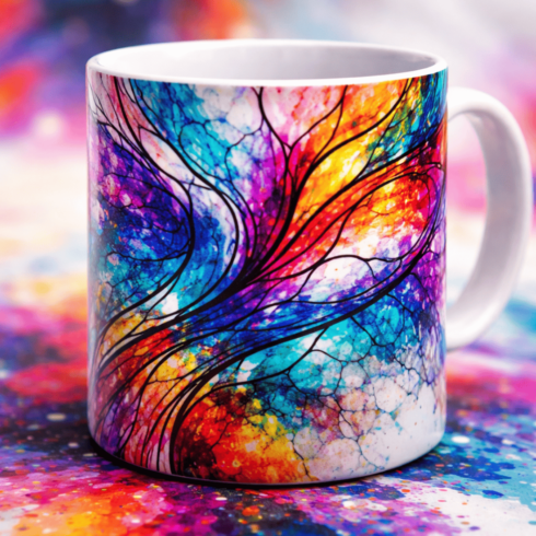 Multicolor Art Coffee Mugs – Fluid Texture & Stained Glass Style Pair cover image.