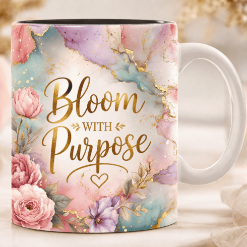 “Inspire & Bloom Mug Set –Multicolor Floral with Gold Lining & Quote” cover image.
