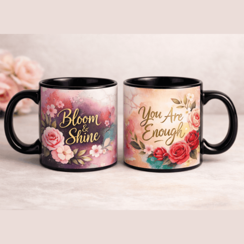 “Bloom & Brew Bundle of 5 Mugs –Soft Floral Art with Inspirational Typography” cover image.
