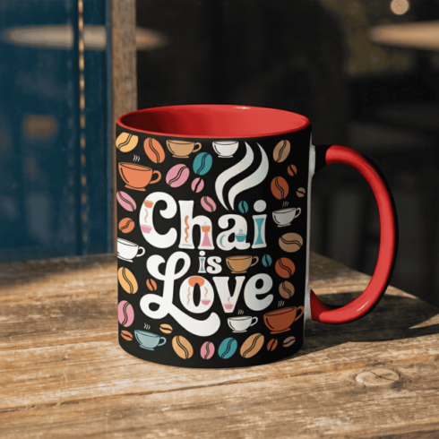 “Chai is Love Designer Mug Pair – Multicolor Illustration with Red & Black Finish” cover image.