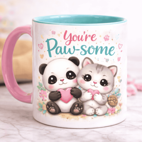 "You’re Paw-some Designer Mug Duo – Cartoon Panda & Cat with Multicolor Finish” cover image.