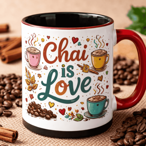 Chai Lover Gift Mug mockup pair –Multicolor Coffee Art with Cream Body & Black Handle/Inner cover image.