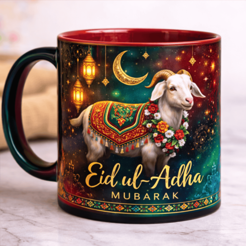 “Designer Eid ul Adha Mug Duo –Multicolor Festive Art with Cute Bakra Theme cover image.