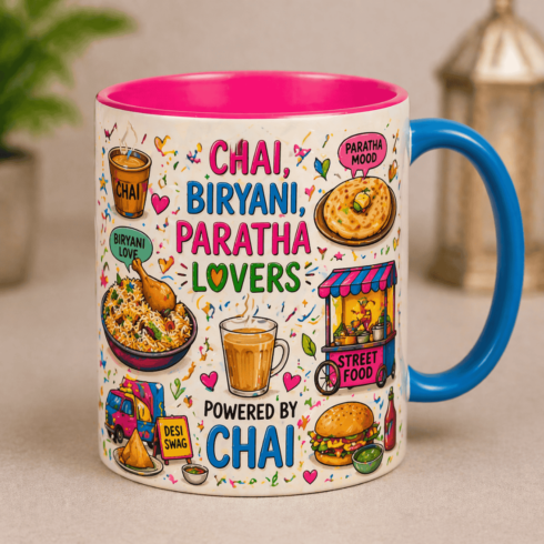 “Chai, Biryani & Paratha Lovers Mug Pair – Powered by Chai | Desi Street Food Design” cover image.