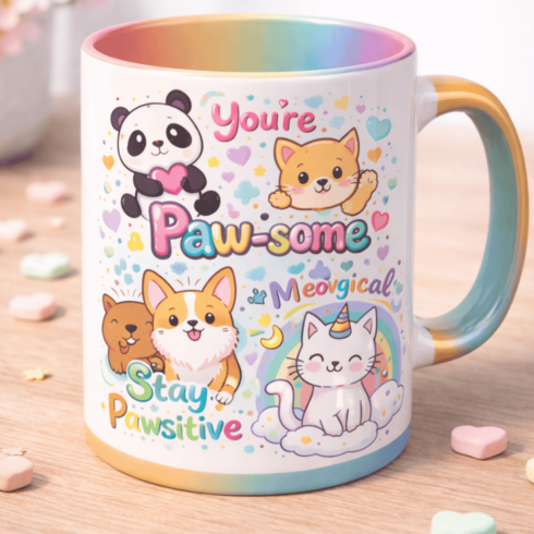 “Paw-some Vibes” Cartoon Animal Mug Mockup Pair cover image.