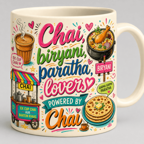 Chai & Street Food Lovers Mug Duo – “Powered by Chai” Colorful Illustration Theme cover image.
