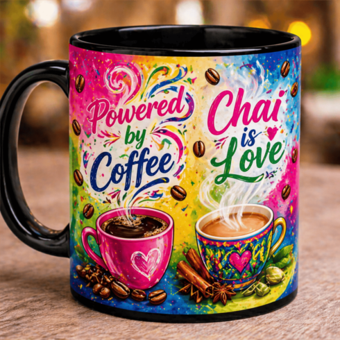 “Designer Coffee & Chai Lover Mug Duo –Multicolor Typography Coffee Bean & Steam Swirl Design with Black Contrast” cover image.