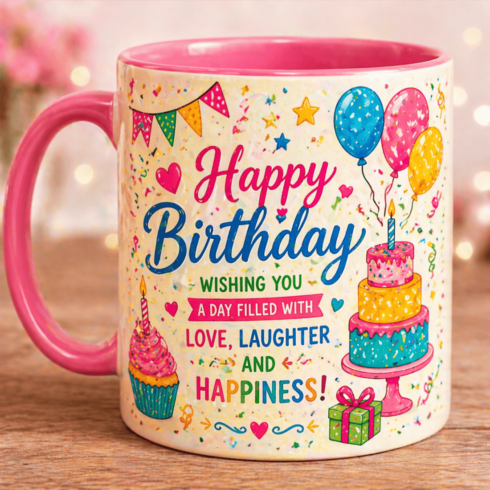 “Charming Birthday Mug Pair – Colorful Celebration Design with Pink Accent Style” cover image.