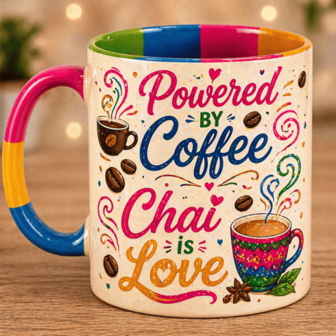 “Vibrant Coffee Quotes Mug Pair – ‘Powered by Coffee’ & ‘Chai is Love’ Illustration” cover image.