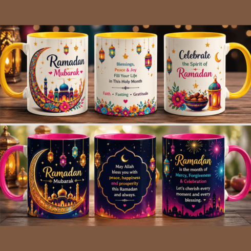“Festive Ramadan Mug Collection (8 Designs) – Bright Inner & Base Multicolour Mockups” cover image.