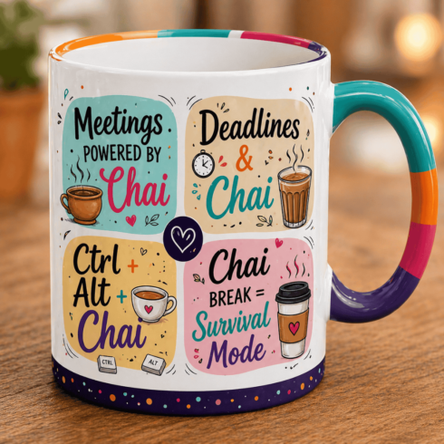 “Office Survival Kit:From Meetings to Deadlines – Chai-Themed Colorful Mug Pair” cover image.