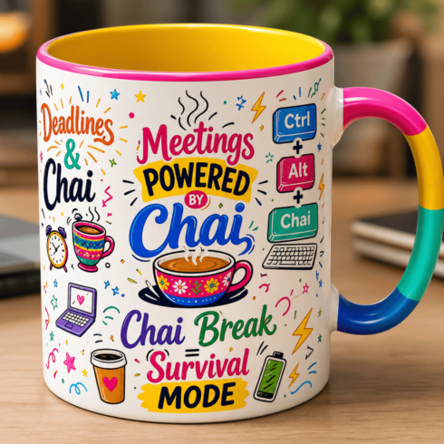 “From Meetings to Deadlines – Chai-Themed Colorful Mug Pair” cover image.