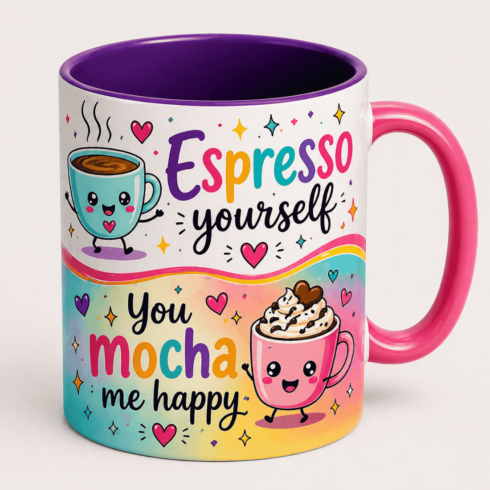 Adorable Coffee Mug Duo Mockup –Espresso Yourself & You Mocha Me Happy – Perfect Gift Idea, Kawaii Style cover image.