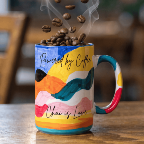 “Colorful Coffee Chai Mug Pair | Bright Inner & Base | Typography Mug Mockup” cover image.