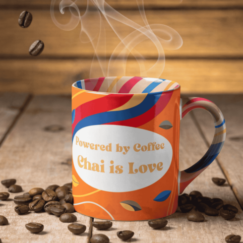 “Coffee & Chai Mug Mockup Pair | Multicolor Bright Design | ‘Powered by Coffee’ ‘Chai is Love’” cover image.
