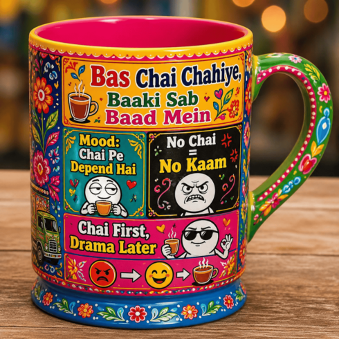 “Bas Chai Chahiye – Desi Meme Truck Art Mug Mockup Pair (Multicolor)” cover image.