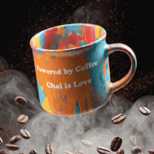 “Powered by Coffee, Chai is Love – Vibrant Multicolor Mug Duo” cover image.