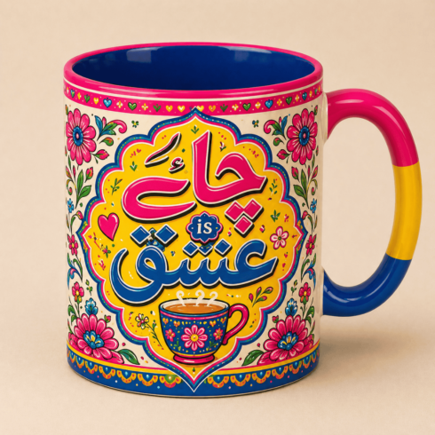 “Chai Is Ishq – Vibrant Urdu Typography Mug Set |Floral Truck & Dhaba Art Style” cover image.