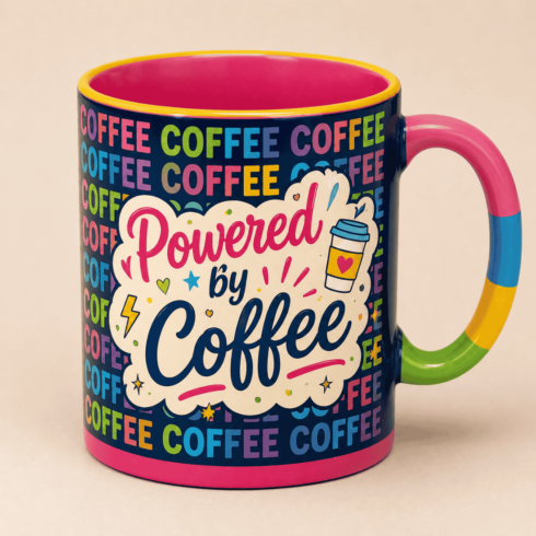 Trendy Coffee Mug Mockup Duo – Powered by Coffee – Bright Multicolor Typography with Repeated Pattern cover image.