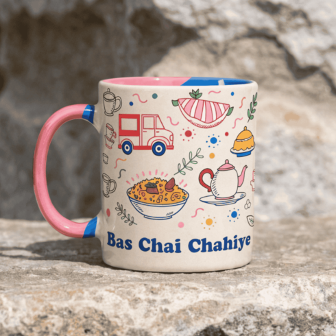 “Gift Edition: Bas Chai Chahiye Mug Duo – Colorful Truck Art & Meme Vibes” cover image.