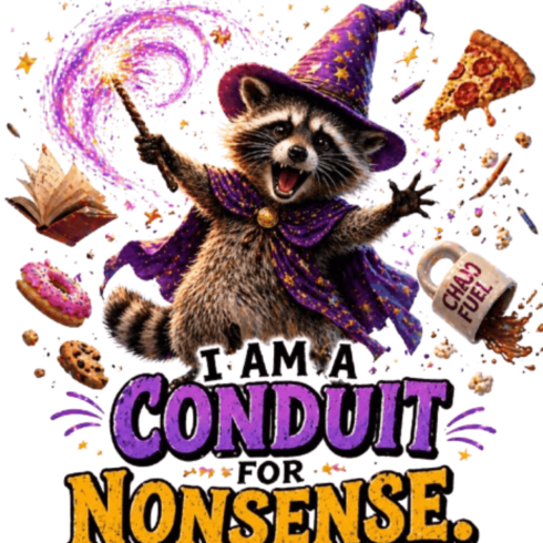 I Am A Conduit For Nonsense Funny Raccoon Wizard t shirt cover image.