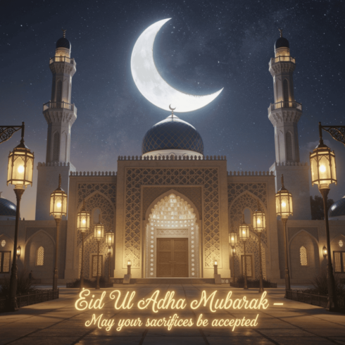 Eid Ul Adha Mubarak – Illuminated Mosque Under Crescent Moon cover image.