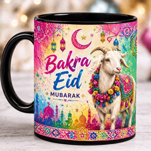 “Festive Bakra Eid Mug Duo – Bright Multicolor Art with Black Finish” cover image.
