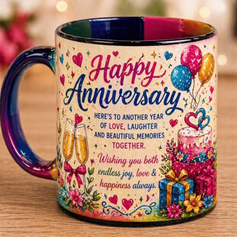 “Festive Anniversary Mug Pair –Vibrant Multicolor Design with Elegant Dark Finish” cover image.