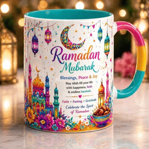 “Festive Islamic Ramadan Mug pair – Bright Multicolour Mockups with Wishes & Art” cover image.
