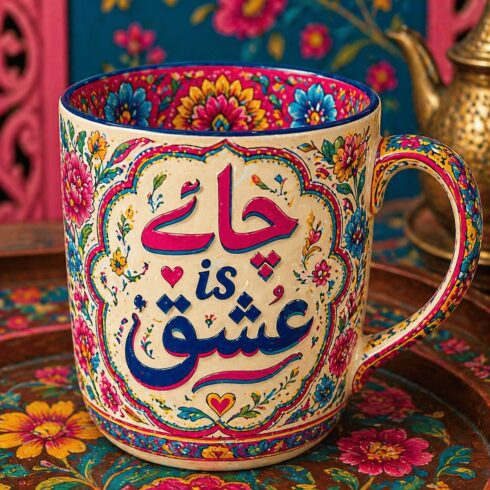 “Chai Is Ishq – Vibrant Urdu Typography Mug Pair | Floral Truck Art Style” cover image.