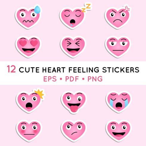 Cute heart feeling expression stickers - 12 editable love stickers in EPS, PDF, PNG formats cover image.