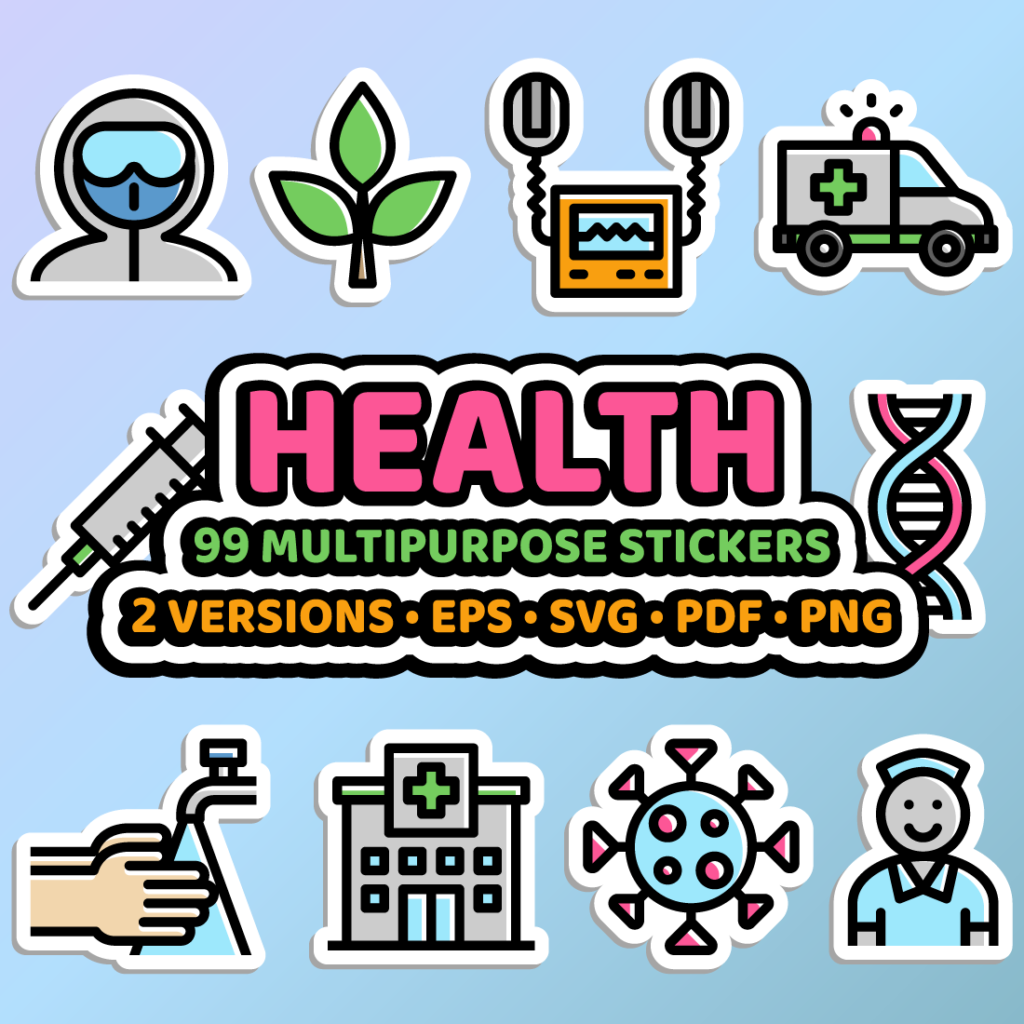 Health sticker bundle in two versions - 99 editable medical stickers in ...