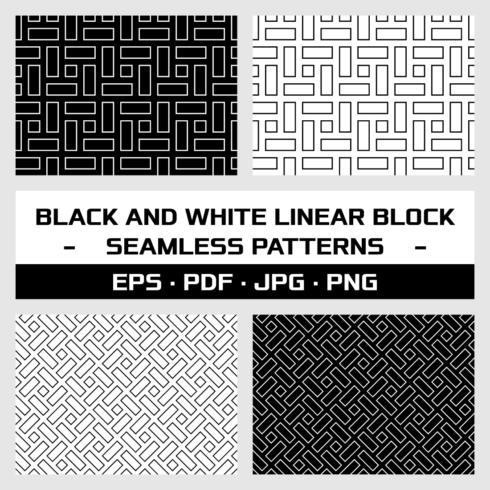 Black and white linear block seamless patterns with invert versions - 4 black and white flat repeatable patterns in EPS, PDF, PNG, JPG formats cover image.