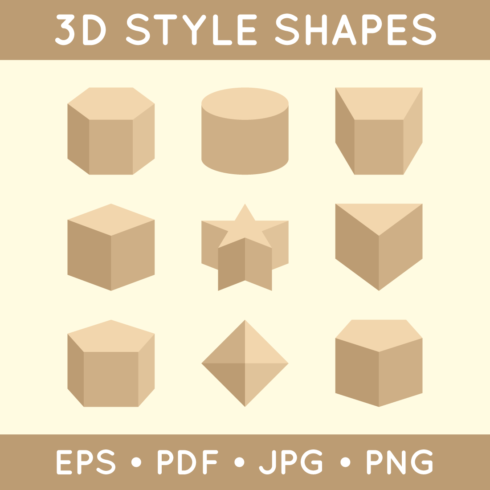 Geometric 3D style shape elements - 9 tan flat design elements in EPS, PDF, PNG, JPG formats cover image.