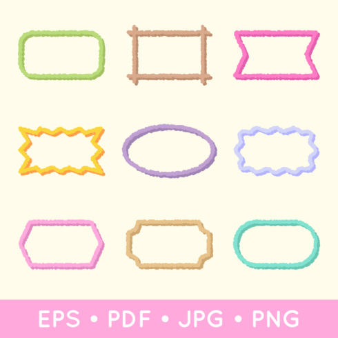 Colorful rough borders or frames - 9 colorful flat frames or borders in EPS, PDF, PNG, JPG formats cover image.