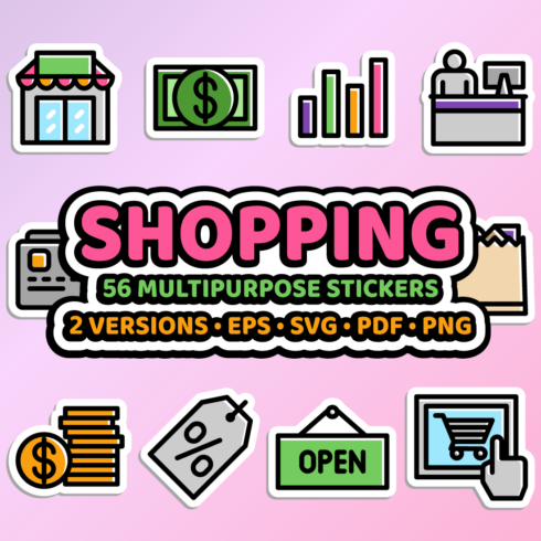 Shopping sticker bundle in two versions - 56 editable shopping stickers in EPS, SVG, PDF, PNG formats cover image.