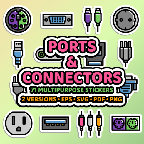 Ports and connectors sticker bundle in two versions - 71 editable ports and connectors stickers in EPS, SVG, PDF, PNG formats cover image.