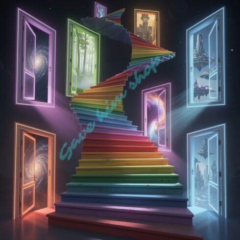 Colorful Staircase with Open Doors Leading to Another Dimension cover image.