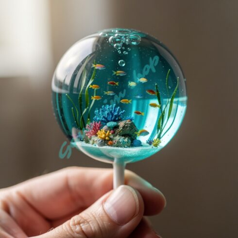 Hand Holding Lollipop with Mini Ocean World Inside cover image.