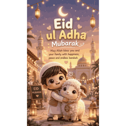 Eid ul Adha Mubarak - Cute Boy and Sheep Cartoon Greeting cover image.