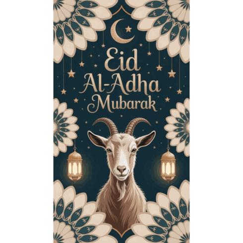 Eid Al-Adha Mubarak Card | Modern Goat Illustration with Lanterns & Stars | Islamic Holiday Digital Download cover image.