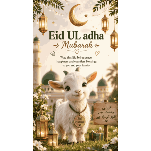 Eid Ul Adha Mubarak Card | Cute Baby Goat with Mosque & Lanterns | Kids Islamic Holiday Digital Print cover image.