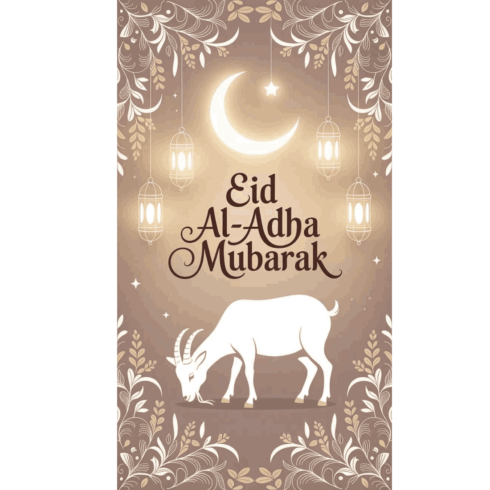 Eid Al-Adha Mubarak Card | Minimalist Goat Silhouette with Lanterns & Moon | Modern Islamic Digital Art cover image.
