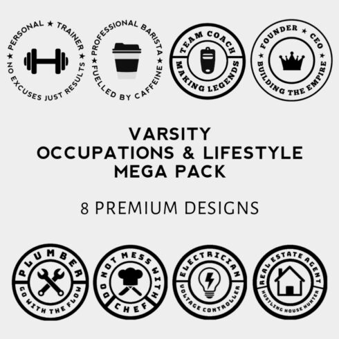 8-in-1 varsity career trades and lifestyle badge svg bundle cover image.