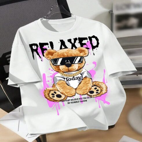 Relaxed Today Teddy Tee | White Graffiti Bear Graphic T-Shirt cover image.