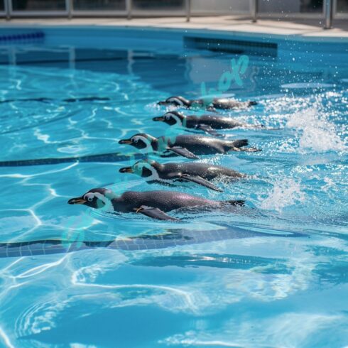 Penguins Swimming Synchronized Laps in a Bright Blue Pool cover image.