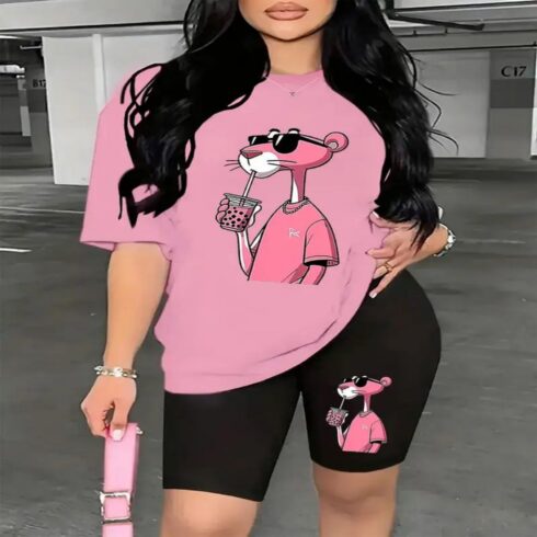 Chill Pink Cartoon Tee | Boba Cat Graphic T-Shirt Set cover image.