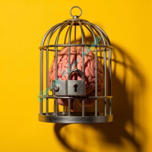Surreal Brain Trapped in a Cage on Bright Yellow Background cover image.